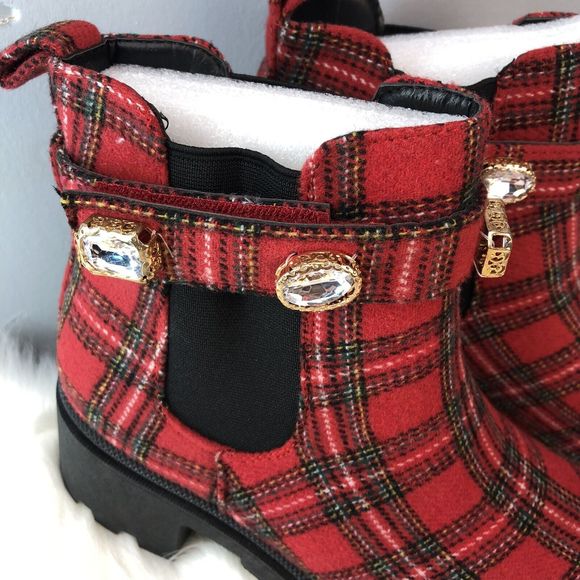 SUGAR-Favorite Red Black Plaid Rhinestone Chunky Heel Chelsea Ankle Boot - Picture 8 of 16